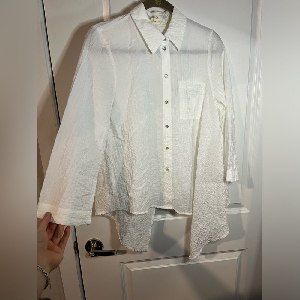 Pink Ripple White Flowy Real Shell Button Down Collared Blouse Size Small - Picture 2 of 14
